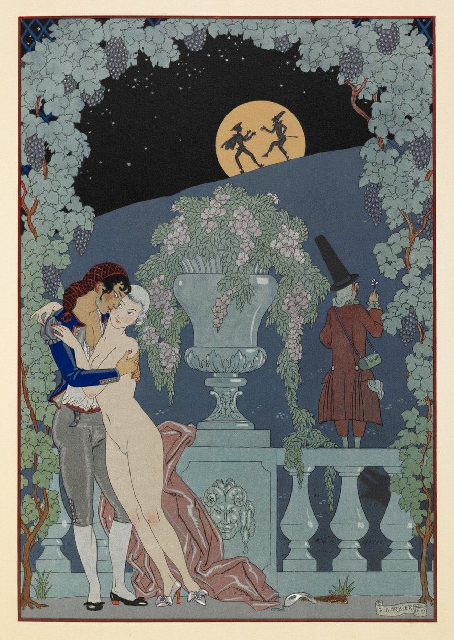 Fantoches. (Marionettek) Debussy Fêtes Galantes, Scaramouche és Pulcinelle című művéből. Férfi átölel egy meztelen nőt. Két figura sziluettben a Hold ellen. alkotó: Georges Barbier