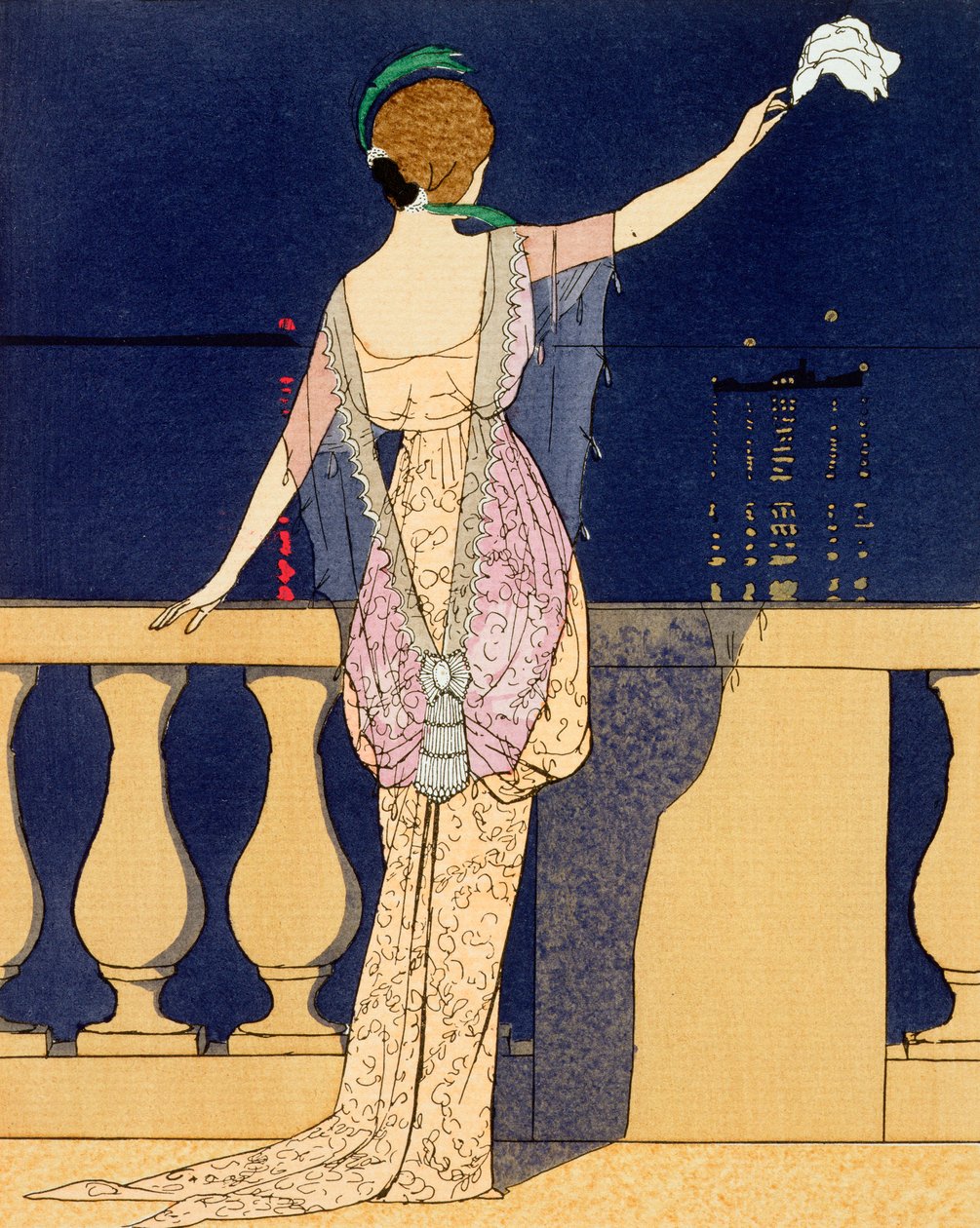 „Farewell at Night”, Jeanne Paquin estélyi ruhájának terve, XX. század eleje alkotó: Georges Barbier