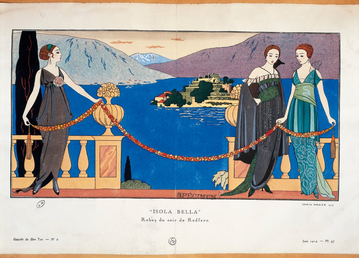 Georges Barbier divattányérja Redfern estélyi ruhás hölgyeket és borrome-i Isola Bellát a háttérben Gazette du Bon Ton párizsi haute couture folyóirat alkotó: Georges Barbier