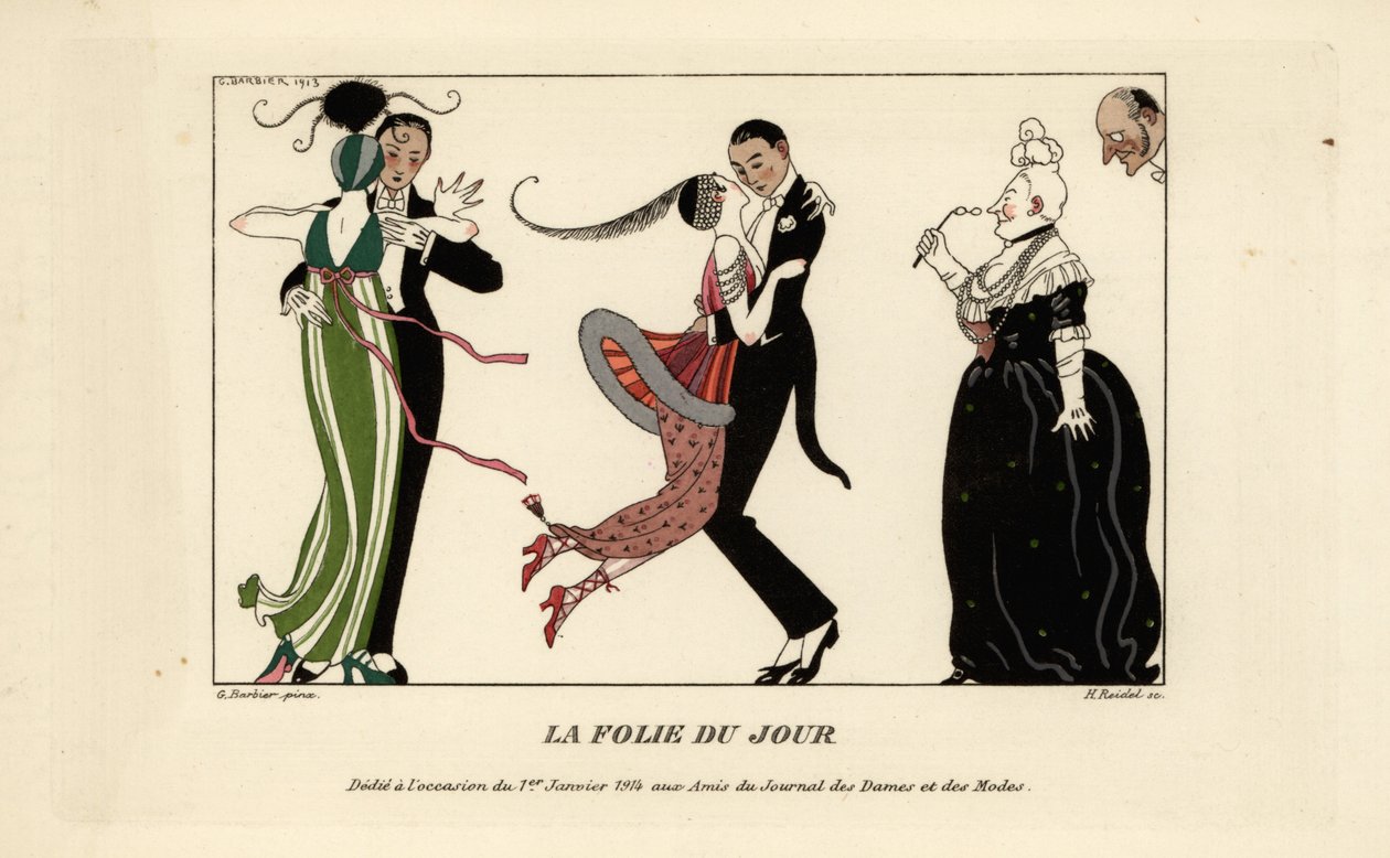 Divatos párok energikusan táncolnak egy bálon alkotó: Georges Barbier