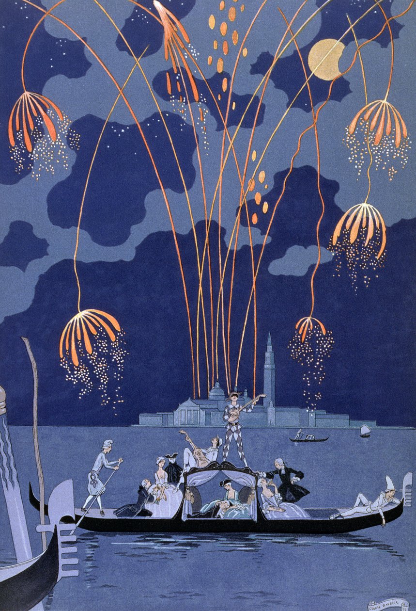 Tűzijáték Velencében, Paul Verlaine (1844-96) „Fetes Galantes” című illusztrációja, 1924 (pochoir print) alkotó: Georges Barbier