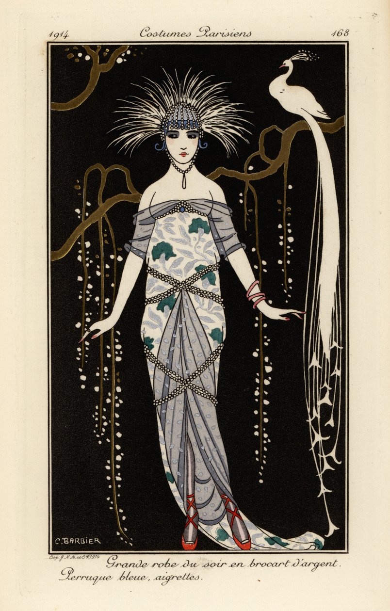 Nagyszerű estélyi ruha ezüst brokátból, kék parókával és tollal. alkotó: Georges Barbier