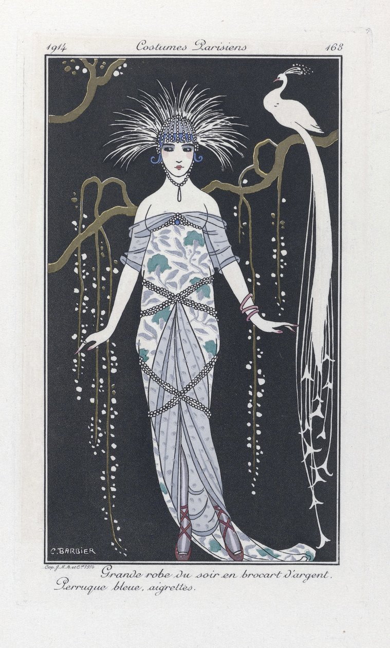 Nagy estélyi ruha ezüst brokátból. Kék paróka, aigrettes, a Costumes Parisiens-től, pub.1914 (stencilnyomat) alkotó: Georges Barbier