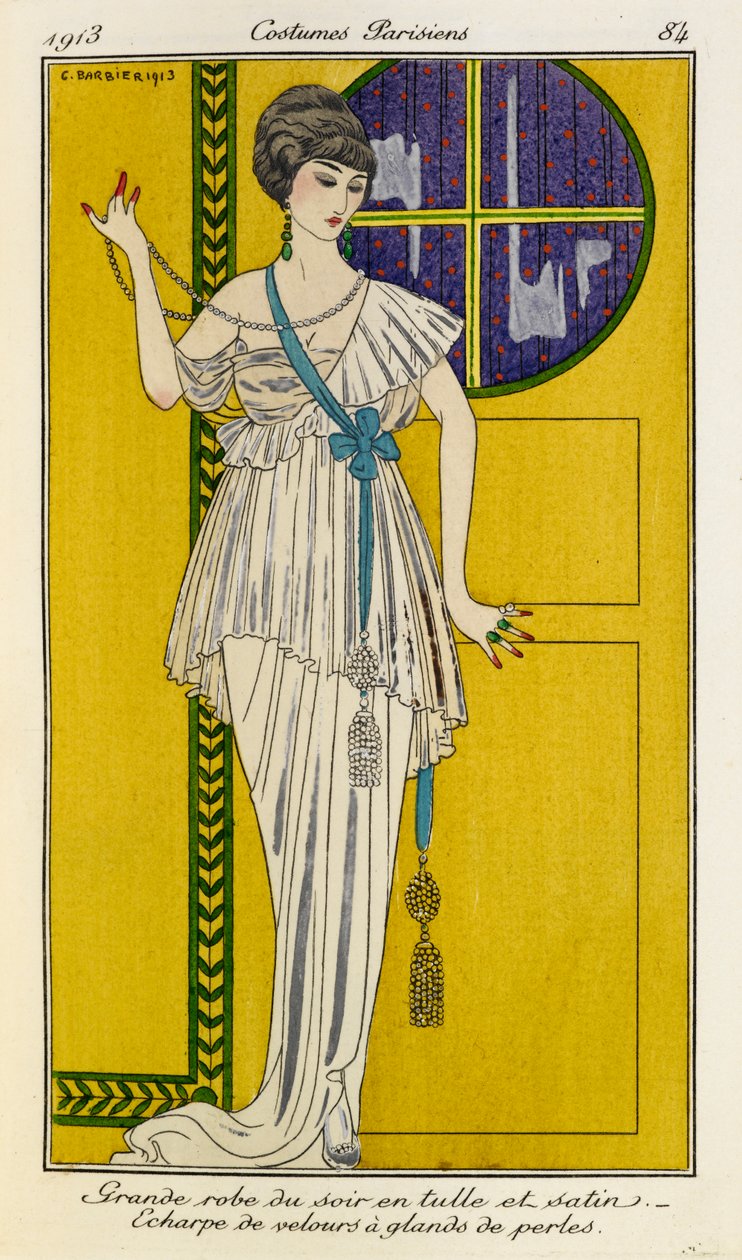 Grande robe du soir en tüll et satin. Echarpe de velours à glands de perles. Nő, fehér szatén és tüll estélyi ruhát viselő, kék bársony sállal, gyöngybojttal és gyöngy nyaklánccal. Jelmezek Parisiens no.37. alkotó: Georges Barbier