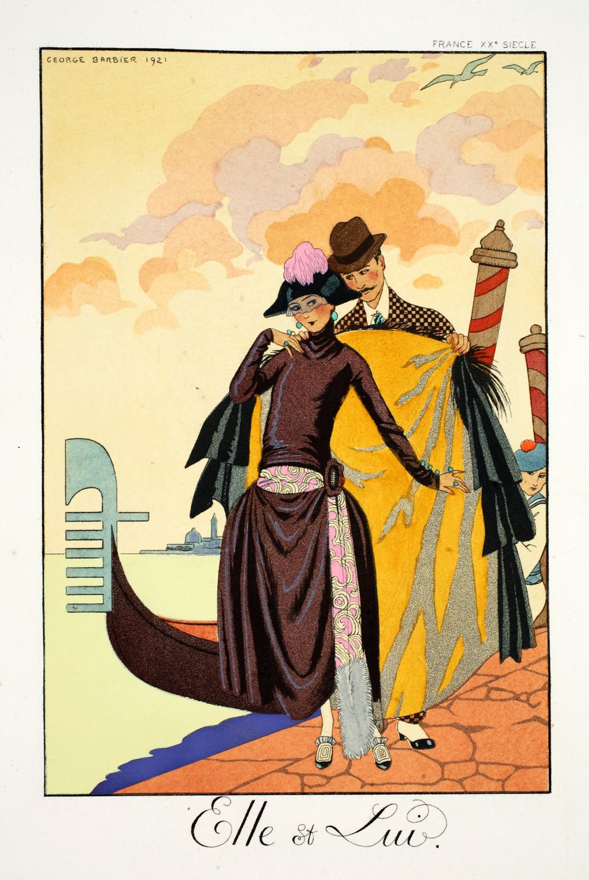 Ő és Ő, a „Falbalas et Fanfreluches, Jelen, Múlt és Jövő módok almanachjából” alkotó: Georges Barbier