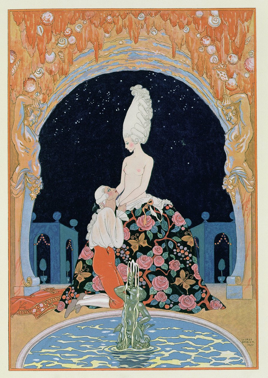 A barlangban, Paul Verlaine (1844-96) „Fetes Galantes” című illusztrációja, 1928 (pochoir print) alkotó: Georges Barbier