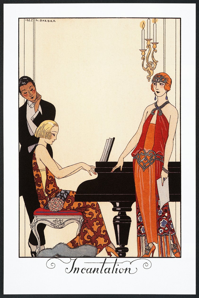 Varázslat, zongoraművész és estélyibe öltözött nő, illusztráció a Falbalas et Fanfreluches, 1923-as almanachból alkotó: Georges Barbier