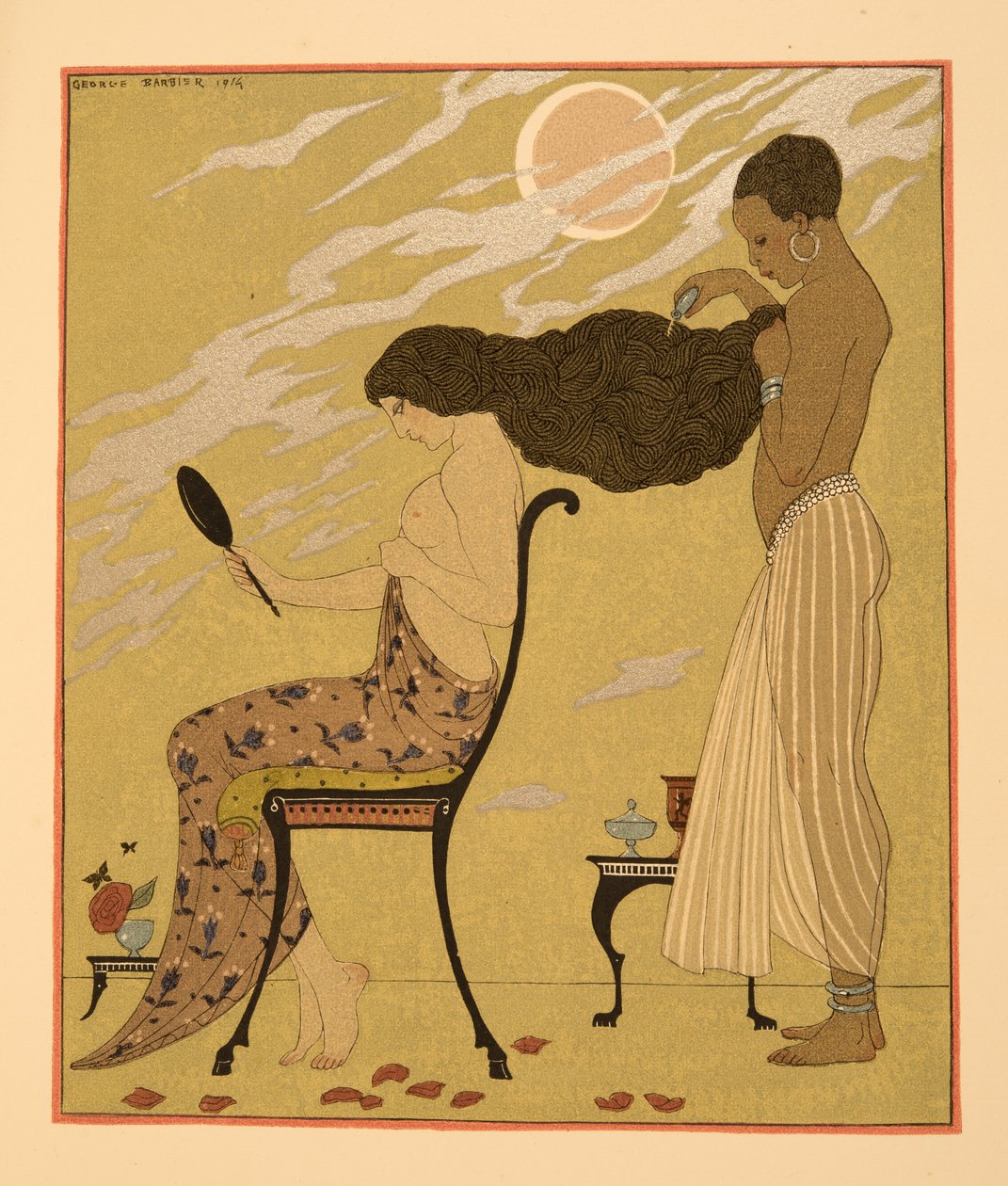 I Sing my Flesh & my Life, illusztráció a Les Chansons de Bilitisből, Pierre Louys, pub. 1922 (sablonnyomat) alkotó: Georges Barbier