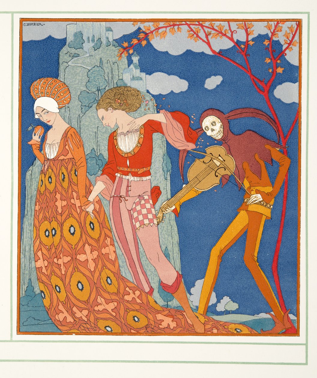 Szerelem, vágy és halál, a Personages de Comedie, pub. 1922 (sablonnyomat) alkotó: Georges Barbier