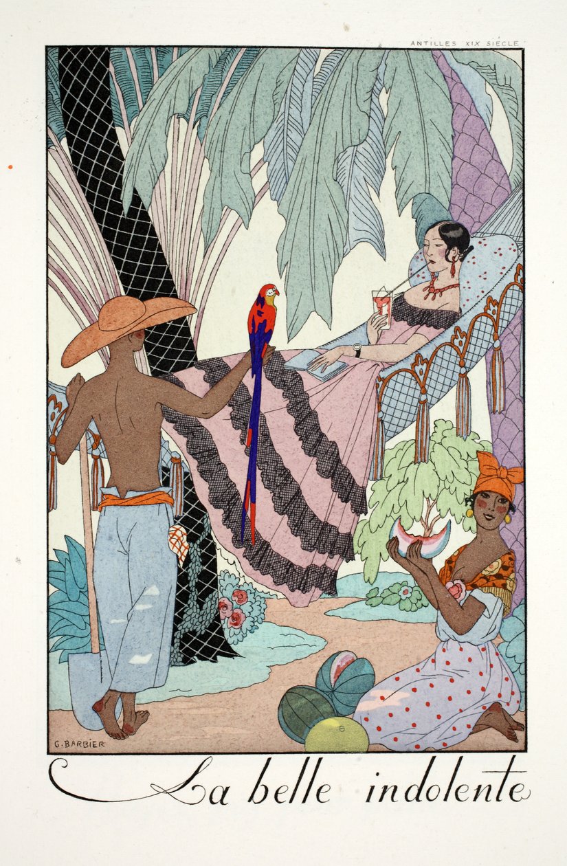La Belle Indolente, a „Falbalas és Fanfreluches, Jelen, Múlt és Jövő módok almanachja” c. alkotó: Georges Barbier