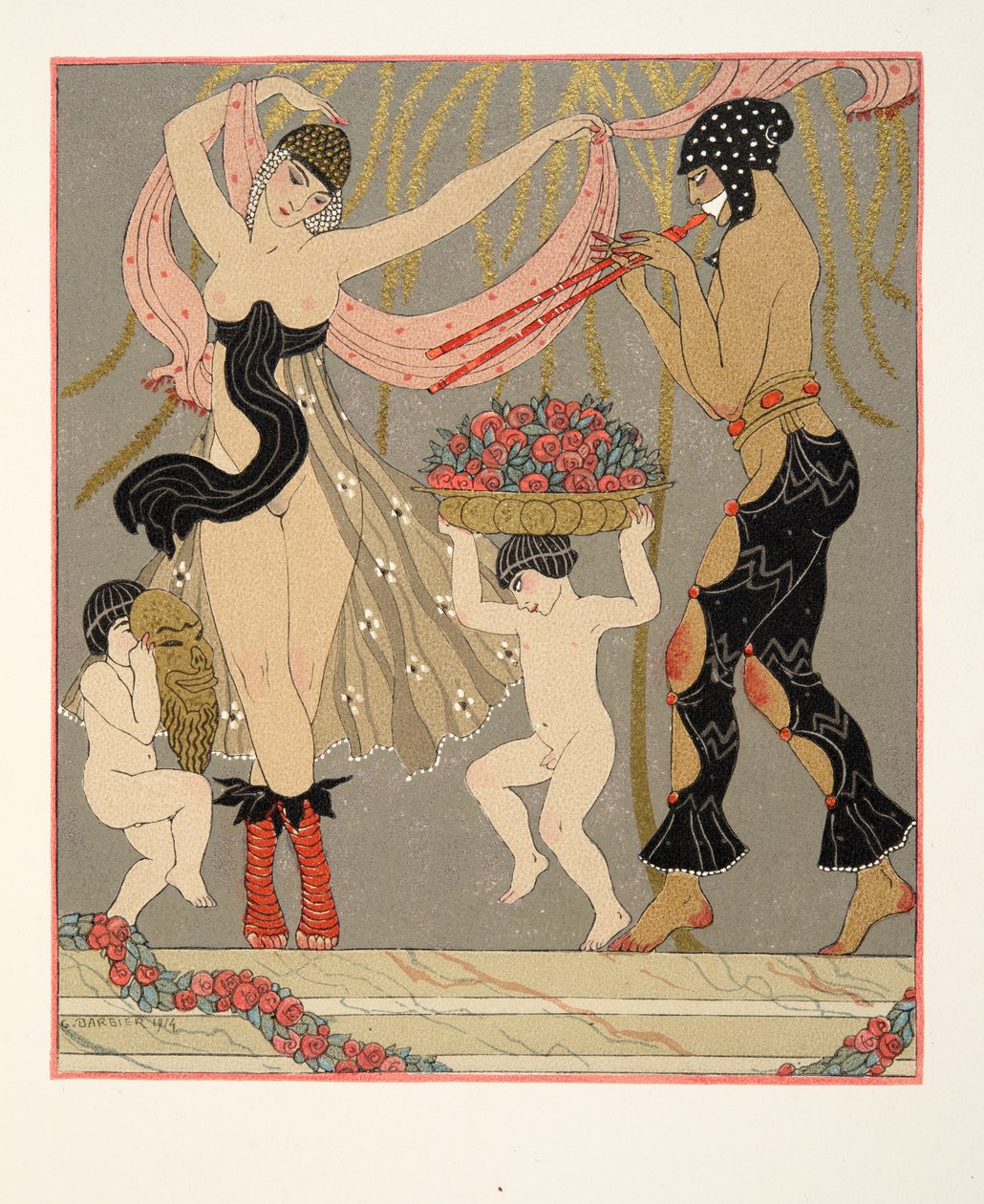 A virágok tánca, a Les Chansons de Bilitis illusztrációja, Pierre Louys, pub. 1922 (sablonnyomat) alkotó: Georges Barbier
