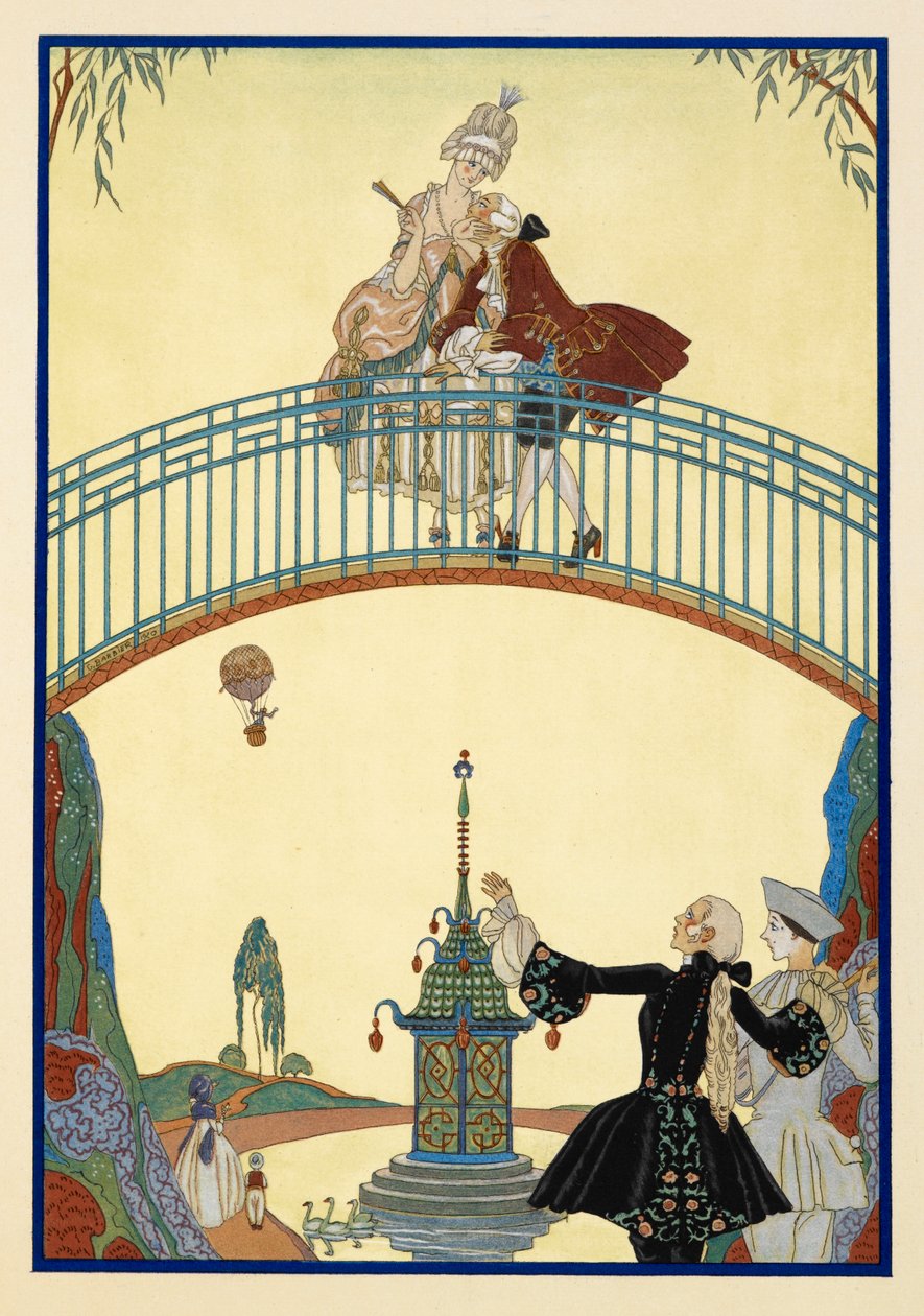 A La Promenade. Férfi és nő egy hídon. Pierrot, lent. alkotó: Georges Barbier