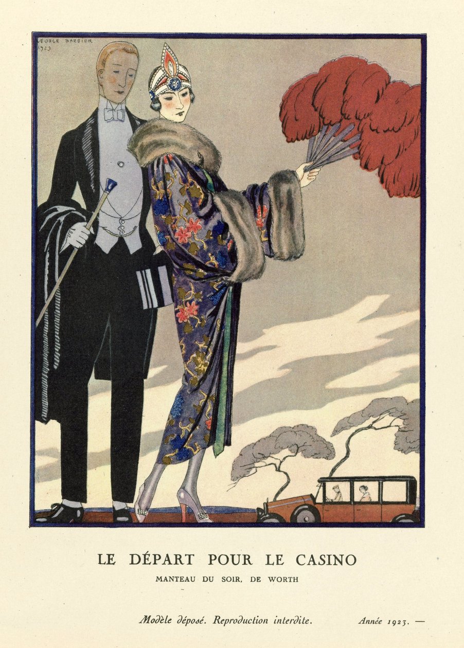 Indulás a kaszinóba, kocsma. 1923 (sablonnyomat) alkotó: Georges Barbier