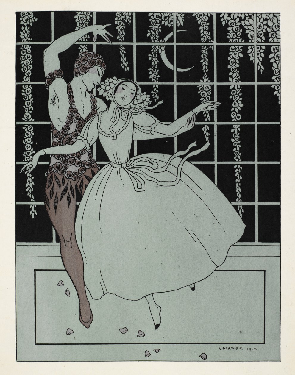 "Le Spectre de la Rose". A kép a nevét a The Ballets Russes balettjéről kapta, amely Théophile Gautier verse alapján készült. Az eredeti előadás táncosai Vaslav Nijinsky volt a rózsa és Tamara Karsavina a lány, és táncolni is lehet. alkotó: Georges Barbier