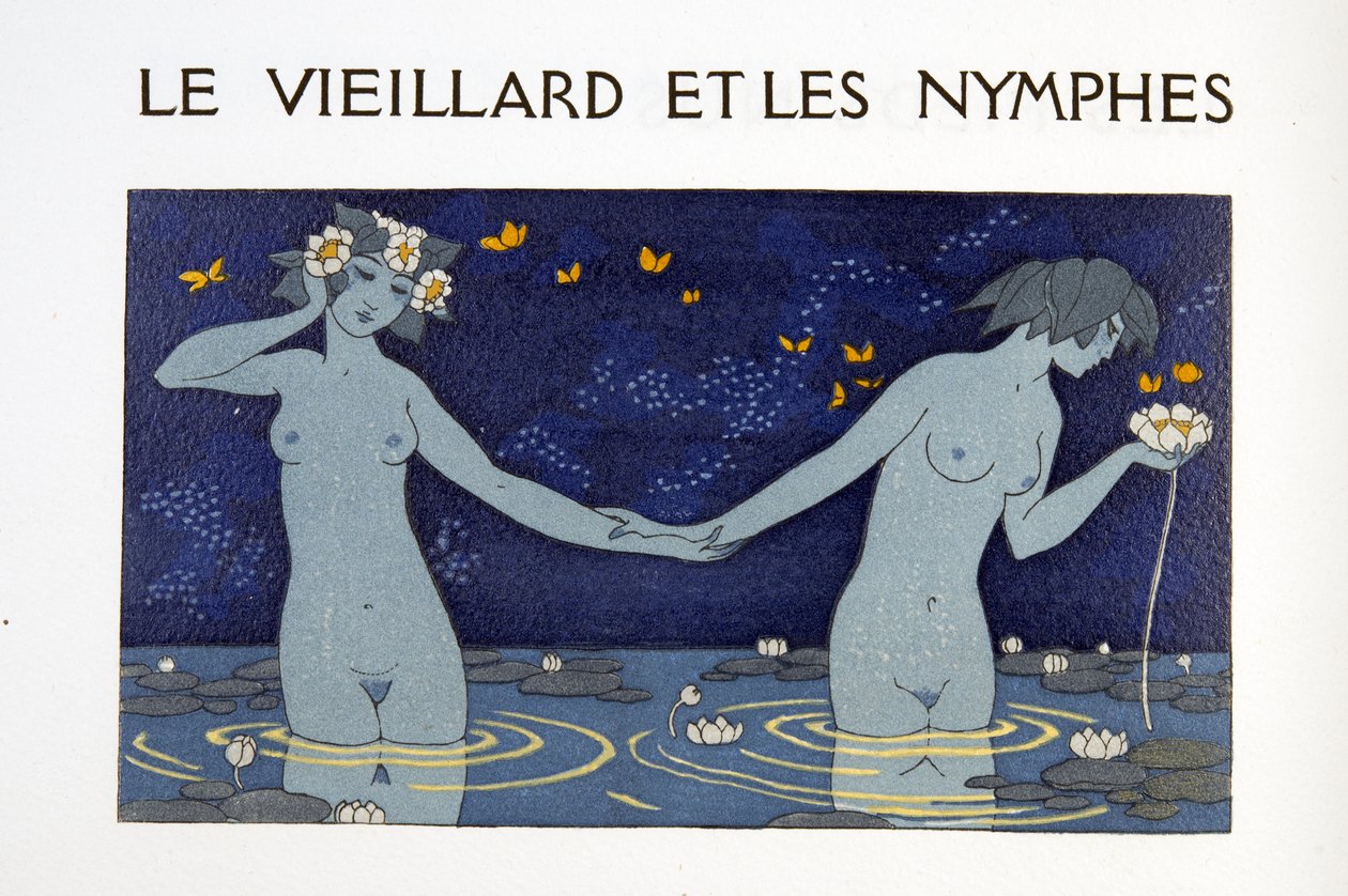 Az öreg és a nimfák, illusztráció a Les Chansons de Bilitisből, Pierre Louys, pub. 1922 (sablonnyomat) alkotó: Georges Barbier