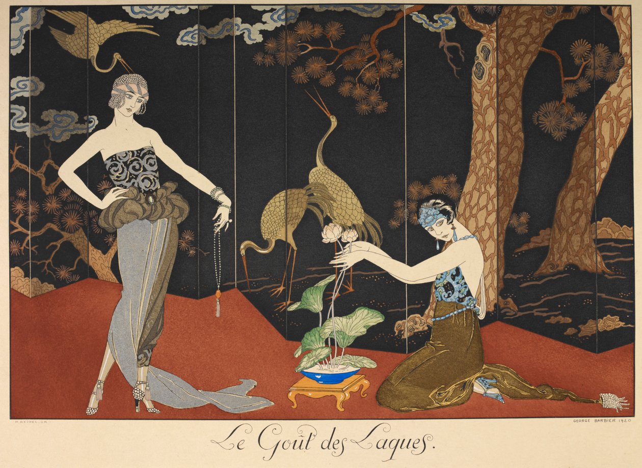 Le gout des lakques. A lakkok íze. Két nő egy lakkozott képernyő előtt. alkotó: Georges Barbier