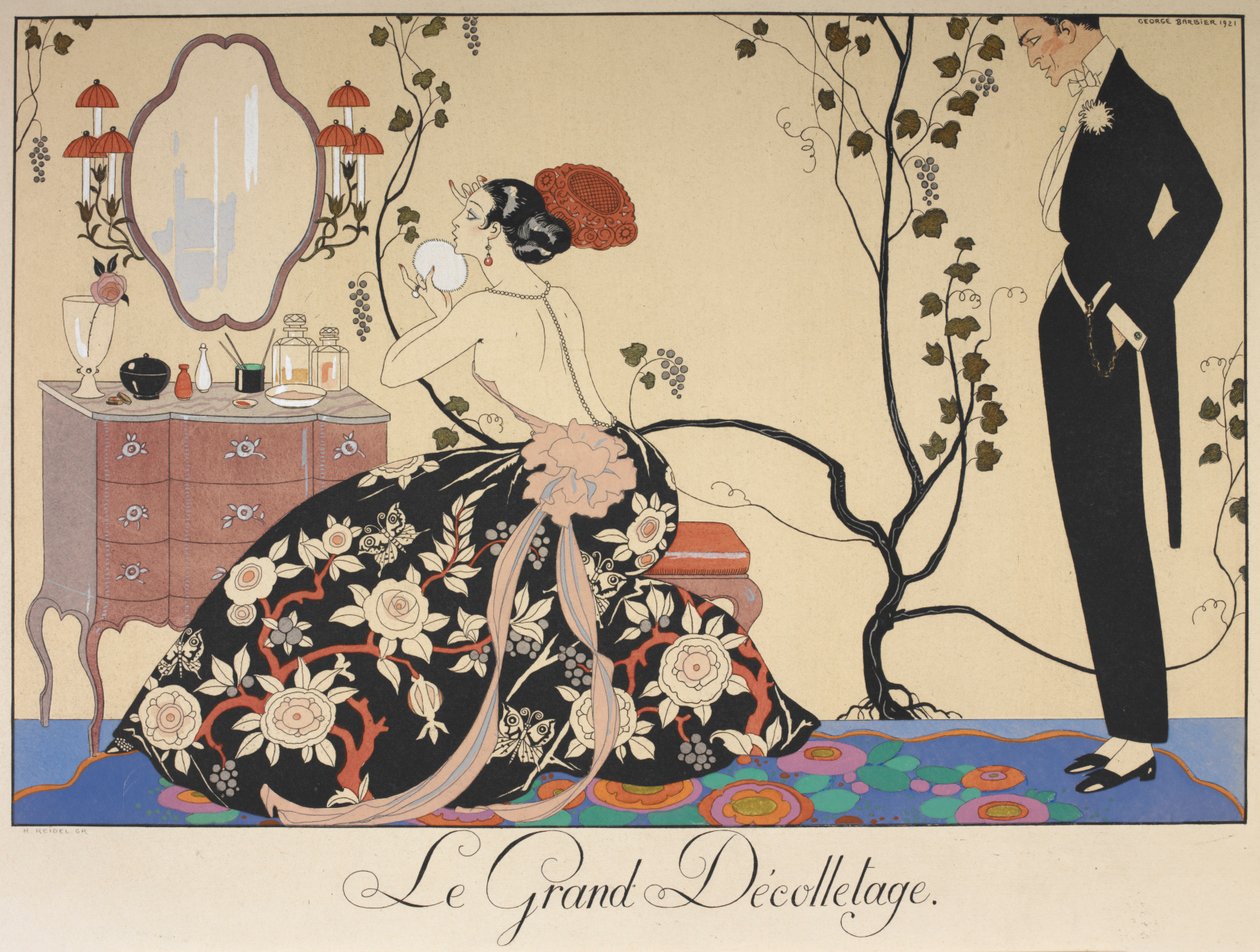 Le grand decolletage. Egy nő ül a fésülködőasztalánál, akit egy férfi csodál. alkotó: Georges Barbier
