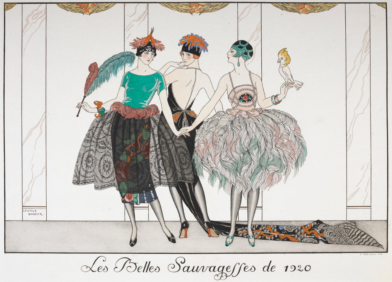 Les Belles Sauvegettes de 1920. Három nő egy sorban, egzotikus ruhákat viselve. alkotó: Georges Barbier