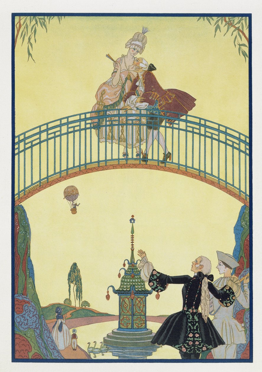 Szerelem a hídon, Paul Verlaine (1844-96) „Fetes Galantes” című illusztrációja, 1928 (pochorus print) alkotó: Georges Barbier