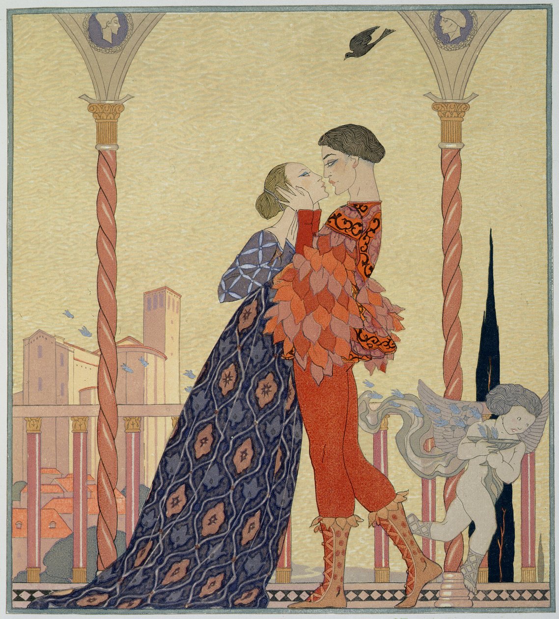 Szerelmesek az erkélyen (akvarell papíron) alkotó: Georges Barbier