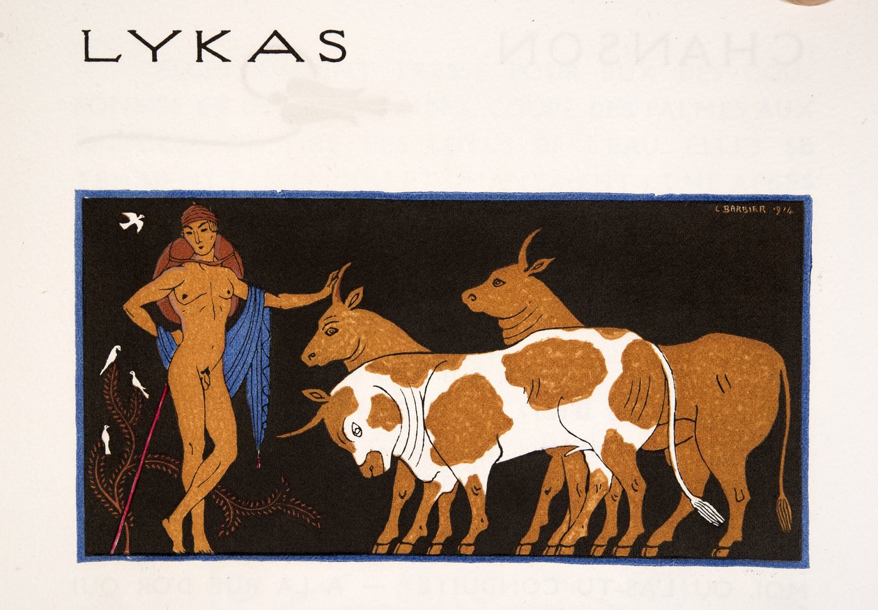 Lykas, illusztráció a Les Chansons de Bilitisből, Pierre Louys, pub. 1922 (sablonnyomat) alkotó: Georges Barbier