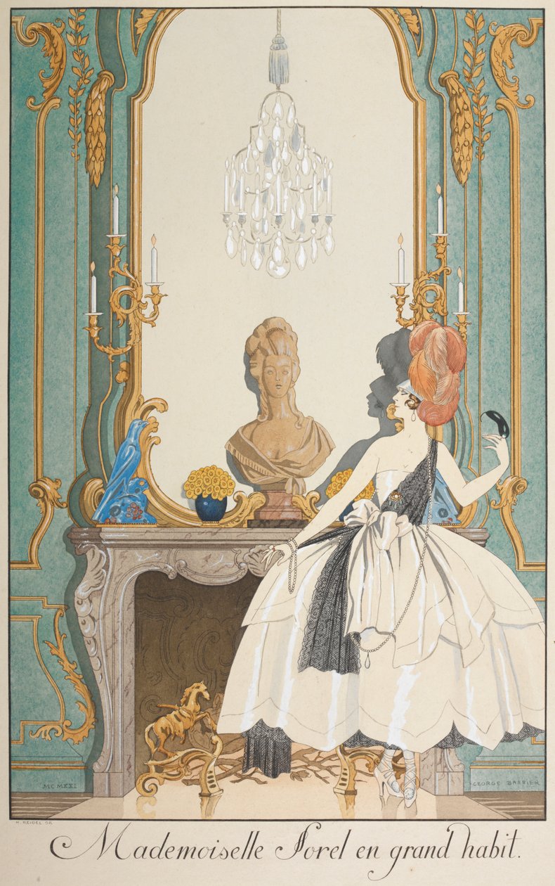 Mademoiselle Sorel nagy megszokásban. Egy nő a kandalló előtt áll. alkotó: Georges Barbier