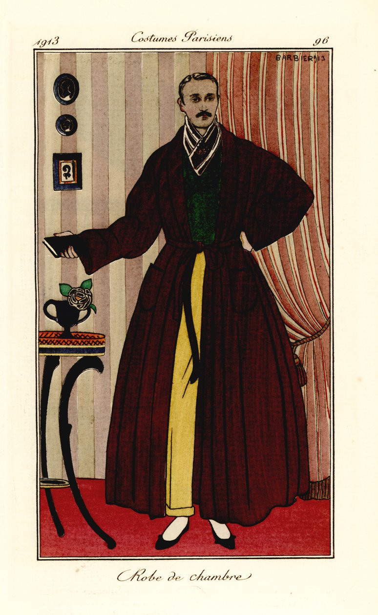 Férfi pongyolában, sárga nadrágon és zöld mellényben. Köntös. Kézi színű pochoir (stencil) rézkarc George Barbier illusztrációja nyomán Tommaso Antongini Journal des Dames et des Modes, Aux Bureaux du Journal des Dames, Párizs alkotó: Georges Barbier