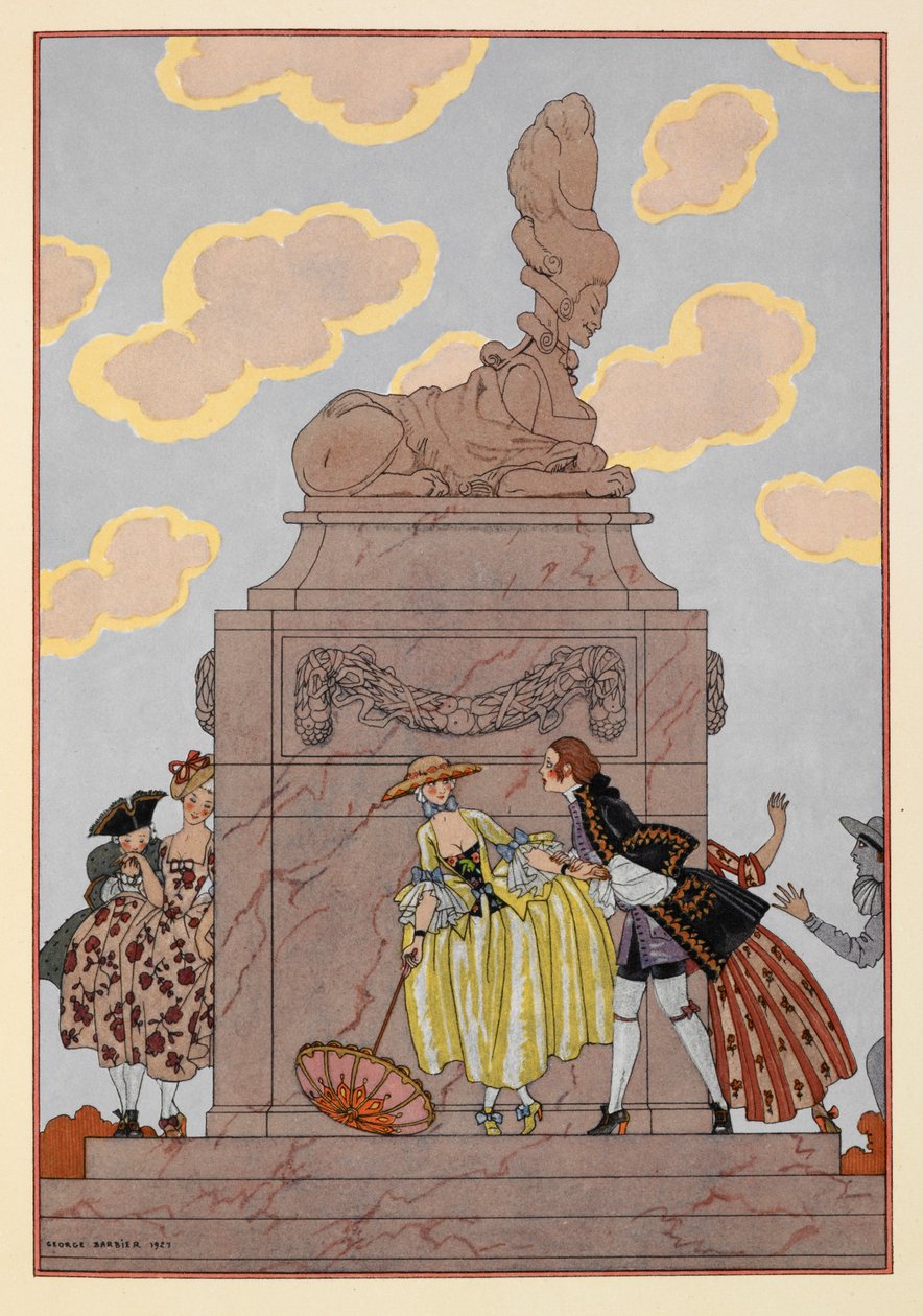 Mandolin. Emberek állnak egy emlékmű körül. az egyik nő napernyőt tart. Jelentős felhők. alkotó: Georges Barbier