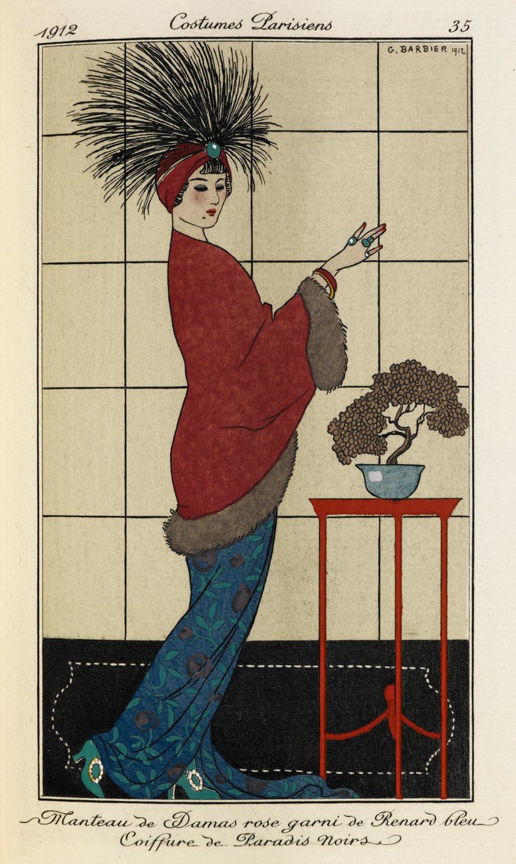 Manteau de Damas rose garni de Renard bleu Coiffure de Paradis noirs. Jelmezek Parisiens no.35. A nő kék mintás ruha fölött prémes damaszkusz rózsaszín kabátot, kék kővel tollas fejdíszt visel alkotó: Georges Barbier