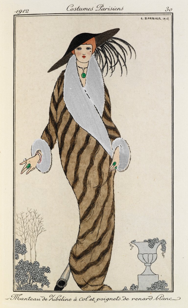 Manteau de Liberline à col et poignets de renard blanc. Jelmezek Parisiens no.30. A nő csíkos liberline kabátot visel fehér róka gallérjával és mandzsettájával. Egy nagy, fekete tollas kalapot és egy zöld kő nyakláncot is visel. alkotó: Georges Barbier