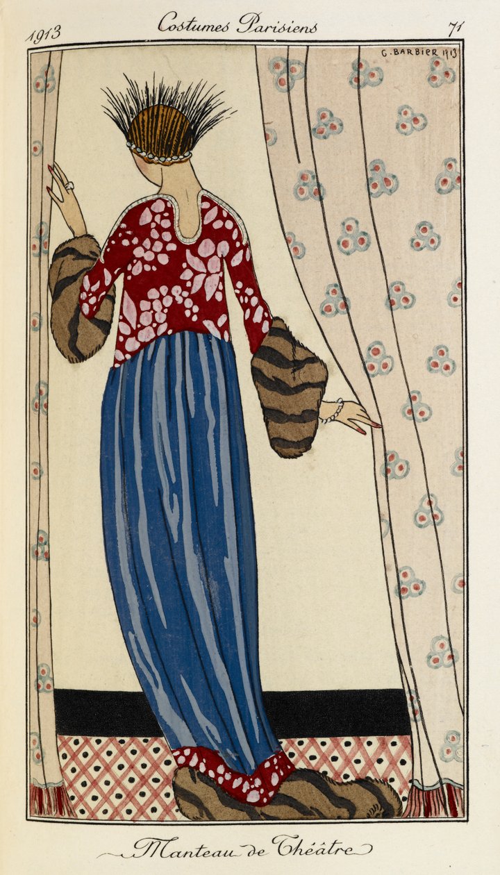 Manteau de Théâtre. Jelmezek Parisiens no.71. Nő piros mintás ruhát visel, kék szoknyával, bundával díszítve. Fekete és ezüst tollas fejdíszt is visel. alkotó: Georges Barbier