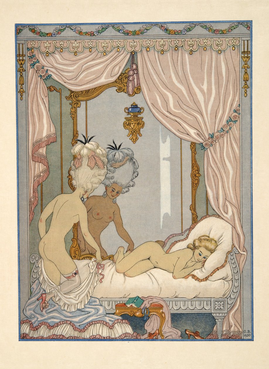 De Merteuil márkinő látogatása Cécile de Volanges hálószobájában, Pierre Choderlos de Laclos (1741-1803) kocsma „Les Liaisons Dangereuses” című művéből. 1934 (sablonnyomat) alkotó: Georges Barbier