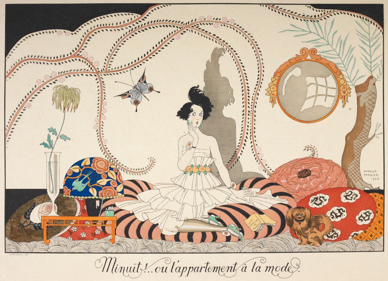 Éjfél ! .. vagy a divatos lakás. Egy nő ül a sok párna között. A kutyája vele. alkotó: Georges Barbier