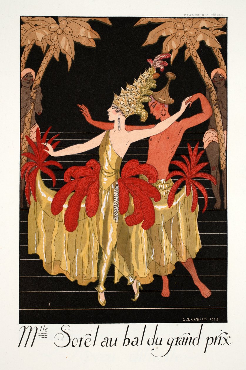 Sorel kisasszony a Grand Prix bálon, a „Falbalas et Fanfreluches, Almanach des Modes Presents, Pastes et Futures” című filmből alkotó: Georges Barbier