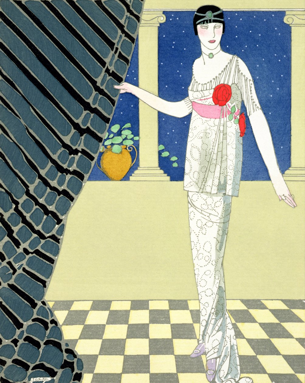 Vendégeim nem érkeztek meg, Redfern ruhás nő illusztrációja (pochoir print) alkotó: Georges Barbier