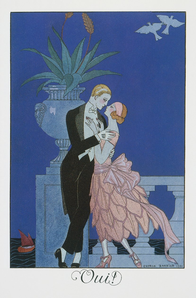 Igen, két fiatal vőlegény estélyi ruhában, George Barbier (1882-1932) litográfiája, Falbalas et Fanfreluches, Almanach des Modes Presentes, Passees et Futures alkotó: Georges Barbier
