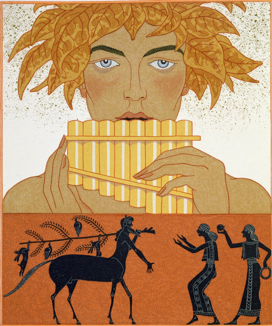 Pan Piper, Paul Valery (1871-1945) „Les Mythes” című illusztrációja, 1923-ban megjelent (pochoir print) alkotó: Georges Barbier