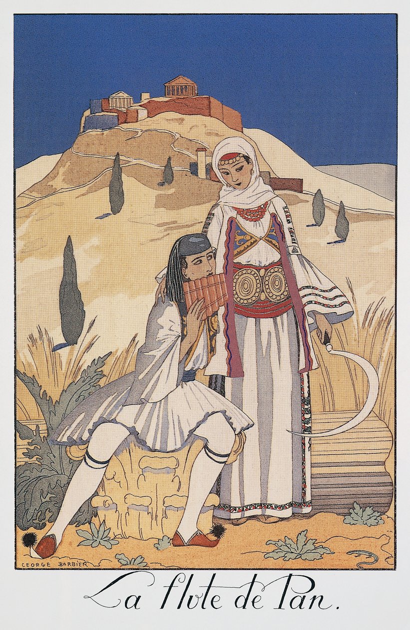 Hagyományos görög viseletet ábrázoló pánfuvolajátékos alkotó: Georges Barbier