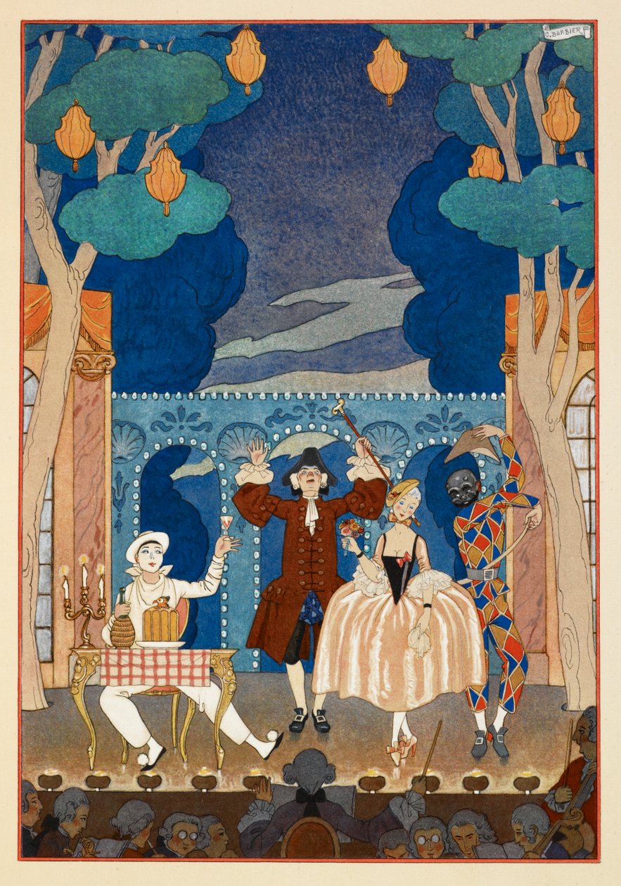 Pantomim. Pierrot és Harlequin. Férfi és csinos nő. Minden egy színpadon. alkotó: Georges Barbier