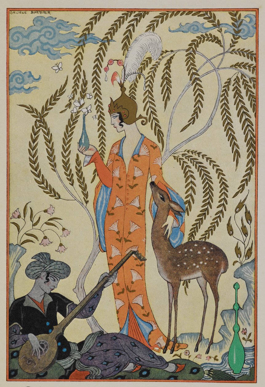 Perzsia. Egy őzbarna nő. Egy zenész. alkotó: Georges Barbier