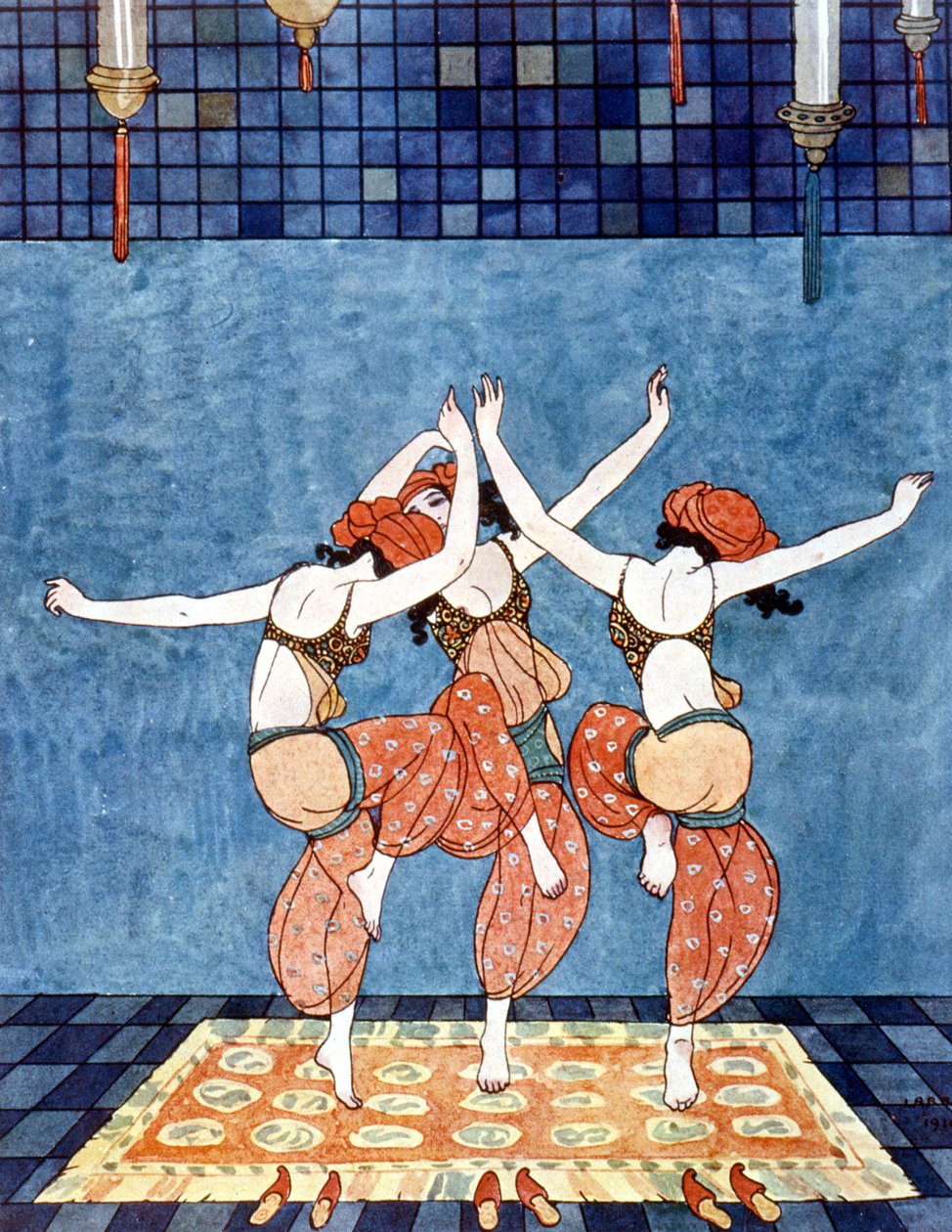Scheherazade hercegnő (Sheherazade) (az ezeregy éjszaka meséi). Illusztráció: George Barbier (1882-1932). 1910 körül. alkotó: Georges Barbier