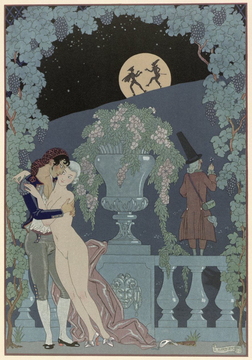 Bábok, Paul Verlaine (1844-96) „Fetes Galantes” című illusztrációja, 1928 (stencilnyomat) alkotó: Georges Barbier