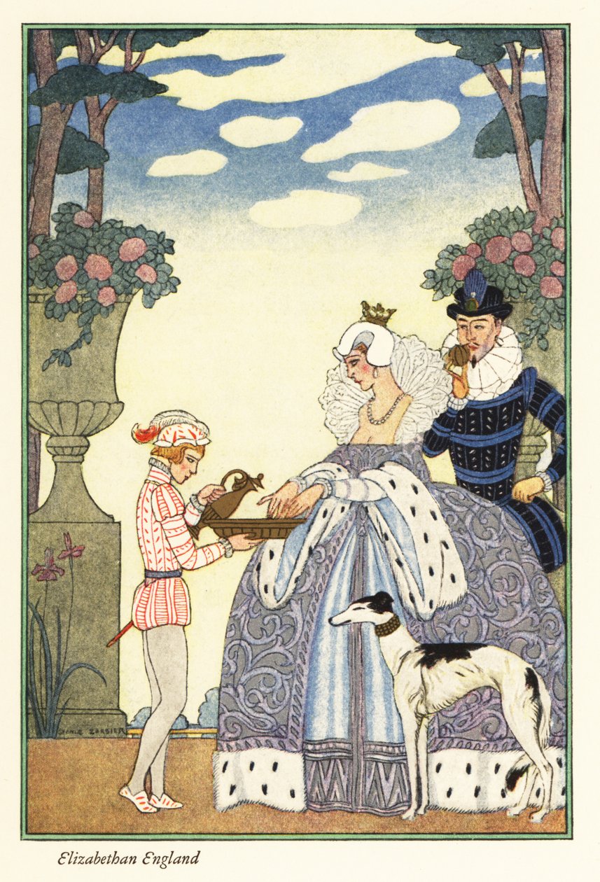 Erzsébet királynő kezet mos egy tálban, amelyet oldalfia tartott. 1928 (nyomtatott) alkotó: Georges Barbier