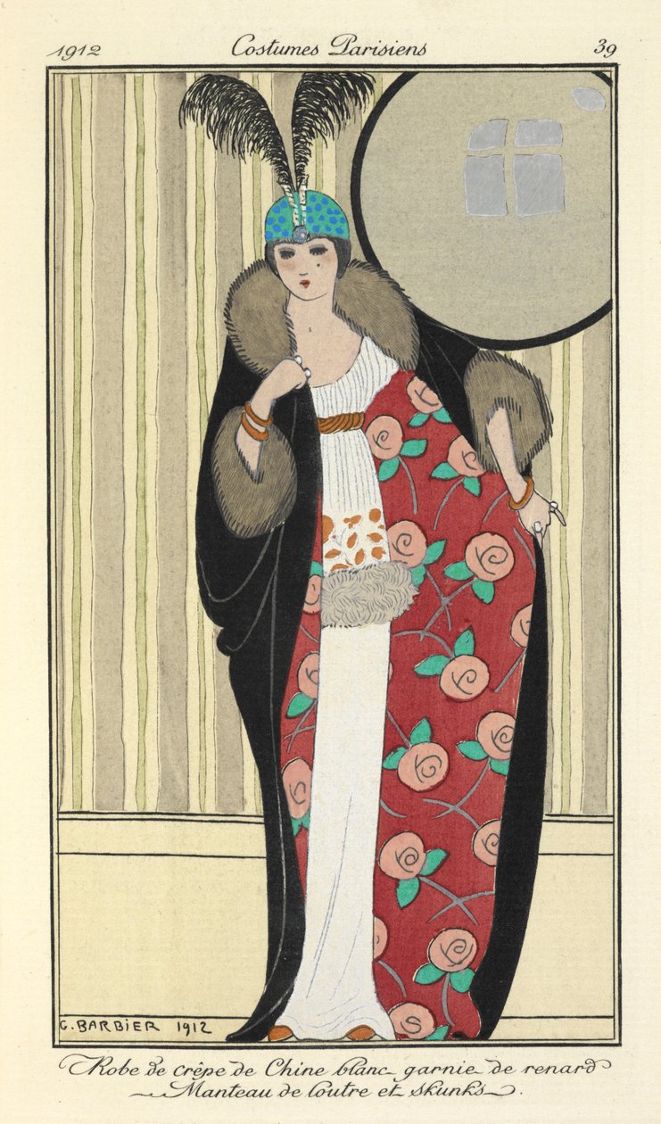 "Fehér krepp de chine ruha rókával szegélyezve. Vidrakabát és hunyó" alkotó: Georges Barbier