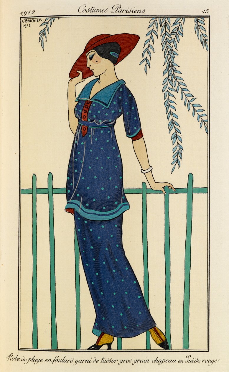 Robe de plage en foulard garni de tussor gros grain chapeau en Suède rouge. Jelmezek Parisiens no.15. Nő, aki strandruhát és nyersselyem sálat visel, foltos kék színben grosgrainnel és piros kalappal. alkotó: Georges Barbier