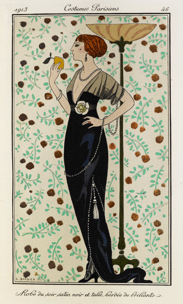 Robe du soir satin noir et tüll bordée de brillants. Jelmezek Parisiens no.46. A nő fekete szatén estélyi ruhát visel, gyémántokkal bélelt, és fehér virág a derékrészén. Gyémánt nyakláncot is visel. alkotó: Georges Barbier