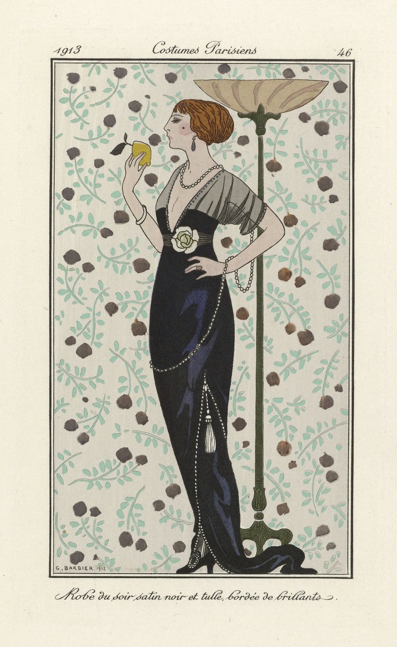 Fekete szatén és tüll estélyi ruha briliáns szegéllyel, Costumes Parisien, pub.1913 (stencilprint) alkotó: Georges Barbier