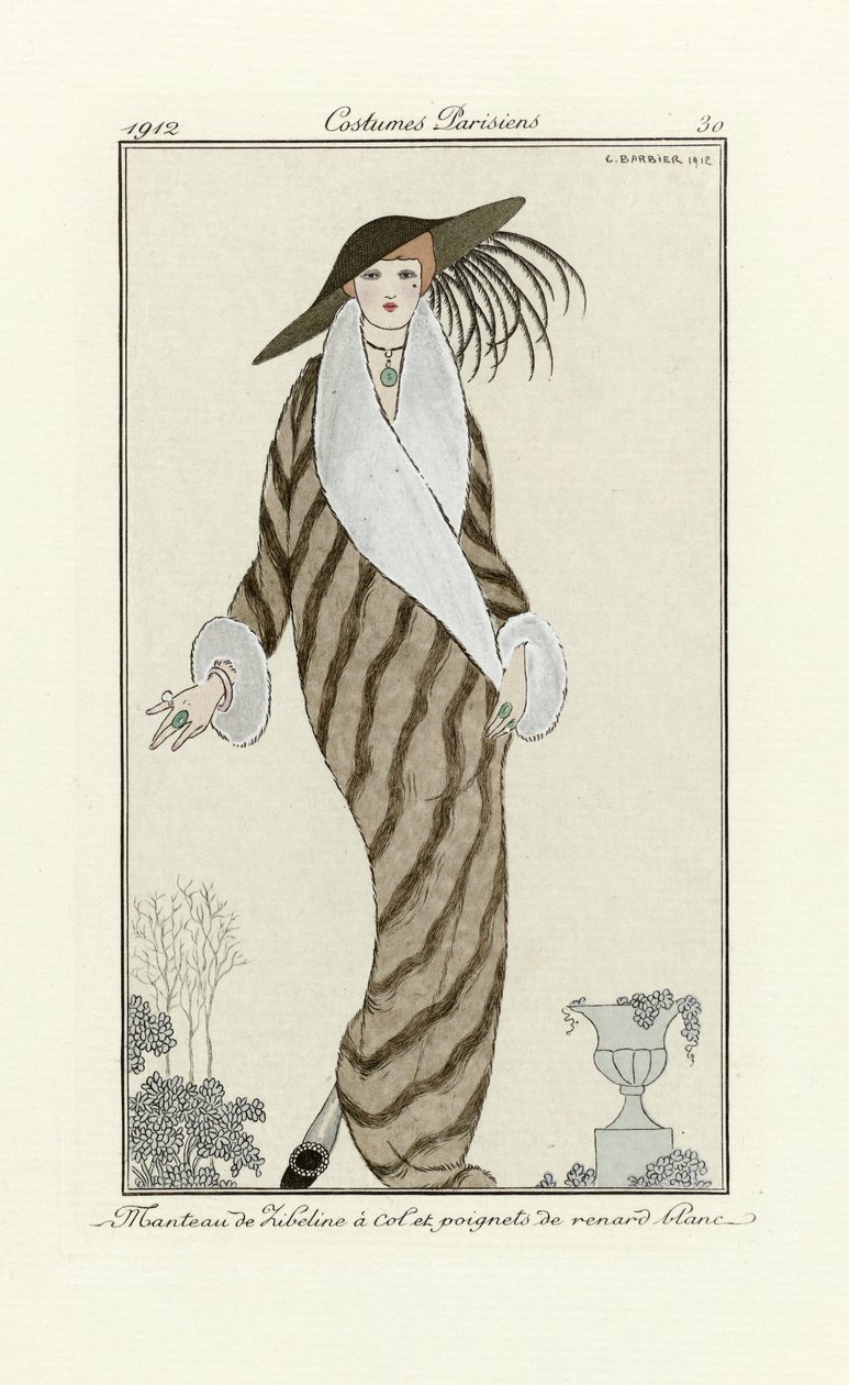 Sable kabát fehér róka díszítéssel, a Costumes Parisienből, 1912. évi pub. (pochoir print) alkotó: Georges Barbier