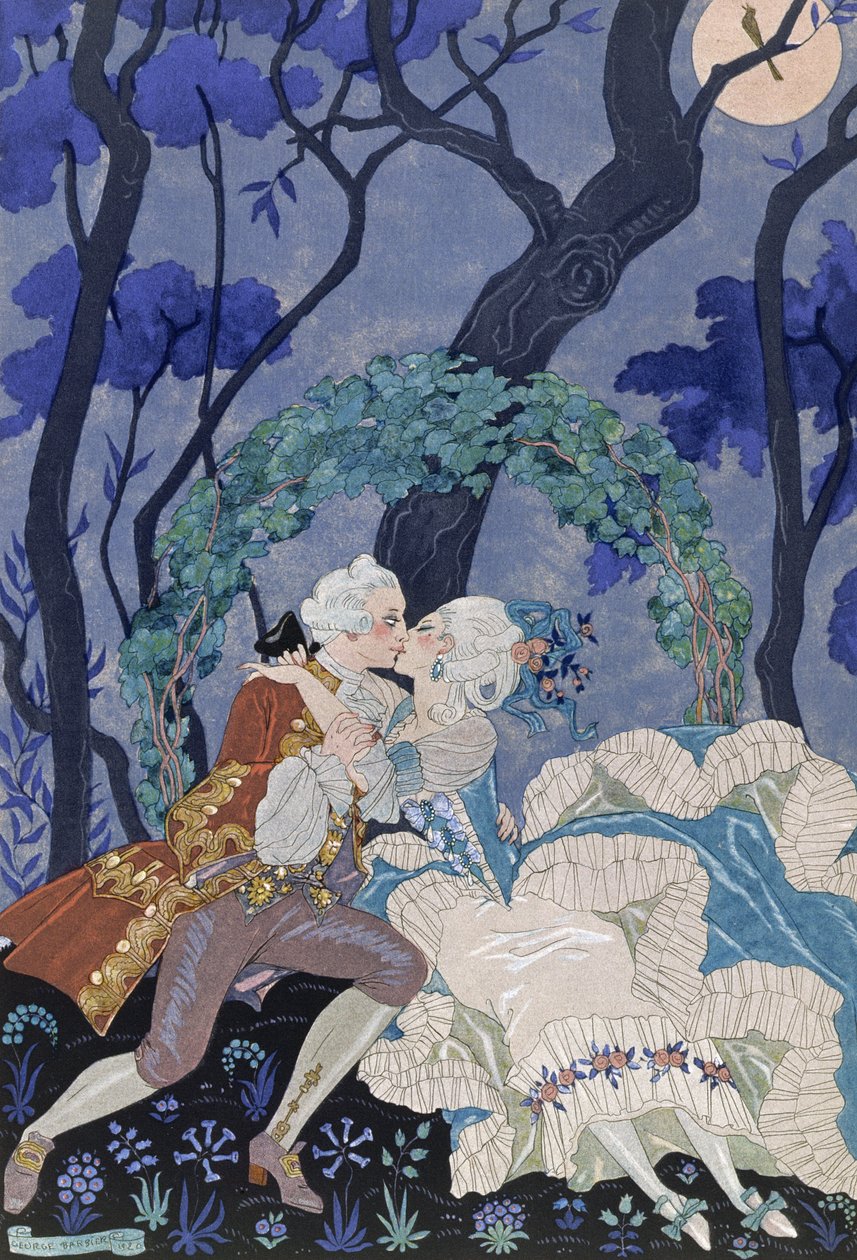 Titkos csók, Paul Verlaine (1844-96) „Fetes Galantes” című illusztrációja, 1928 (stencilnyomat) alkotó: Georges Barbier