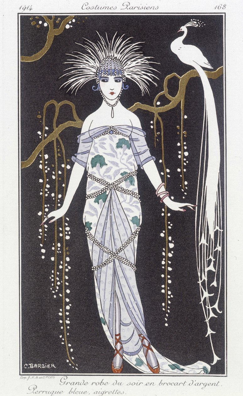 Ezüstbrokát estélyi ruha és paróka - Illusztráció: George Barbier (1882-1932). in "" Journal des dames et des mode: Costumes Parisiens"" alkotó: Georges Barbier